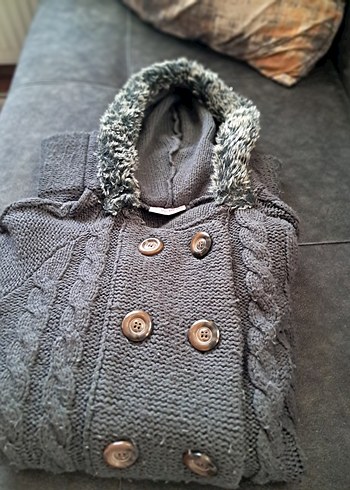 Düğmeli Uzun Gri Kız çocuk Hırka - Görsel 3