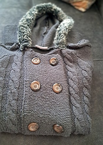 Düğmeli Uzun Gri Kız çocuk Hırka - Görsel 4