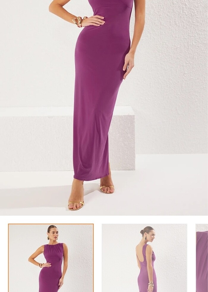 Mürdüm sırt detaylı elbise - Görsel 2