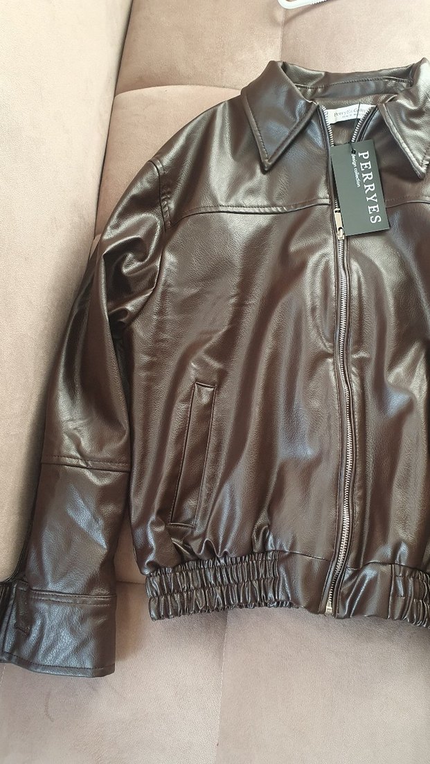 Kahverengi Deri Kadın Ceket - Görsel 4