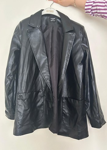 l Beden Siyah Deri Kadın Blazer Ceket