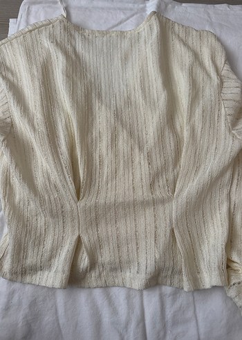 Düğmeli Beyaz Keten V Yakalı Bluz - Görsel 3