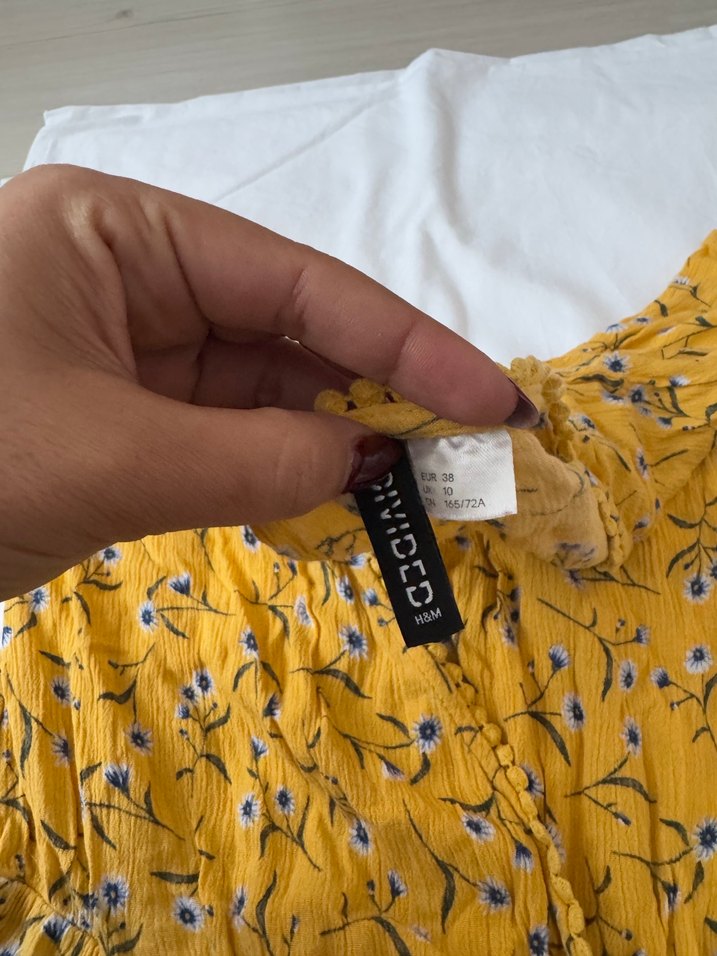 Sarı V Yaka Kısa Bohem Elbise - Görsel 3