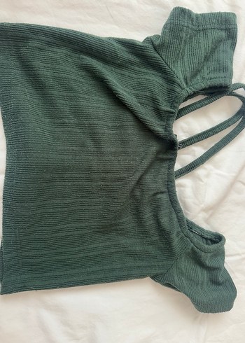 Yeşil Kısa Kollu V Yaka Keten Bluz - Görsel 2