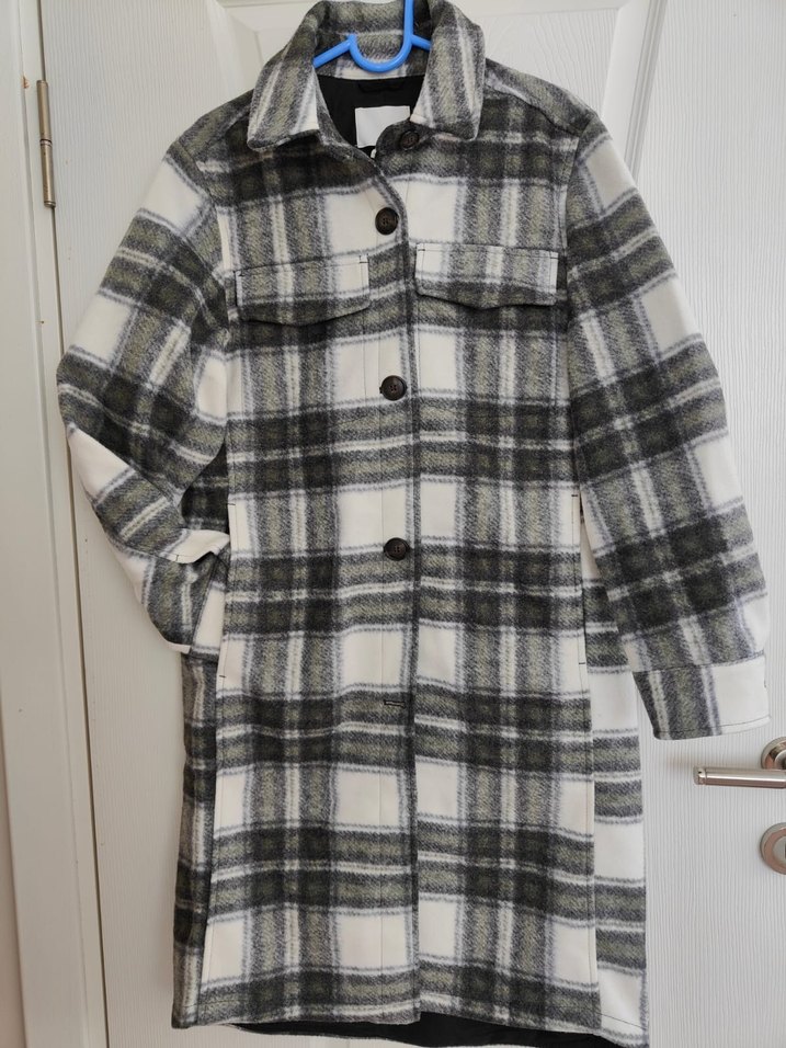 Gri Ekoseli Düğmeli Midi Kaban - Görsel 4