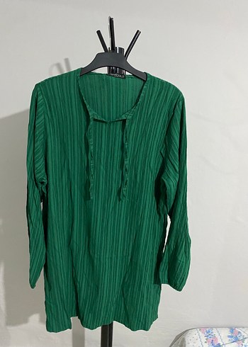 Yeşil Piliseli Uzun Kollu Keten Tunik