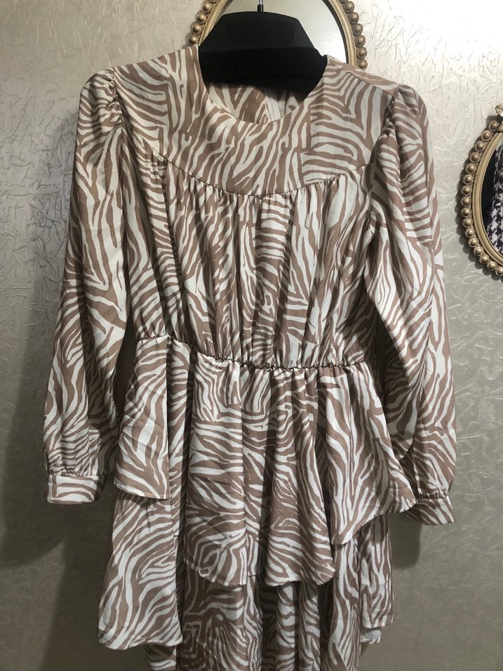 İthalZebra Desenli Uzun Kollu Mini elbise  - Görsel 2