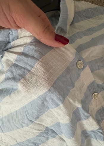 Mavi Çizgili Kısa Kollu Keten Gömlek - Görsel 4