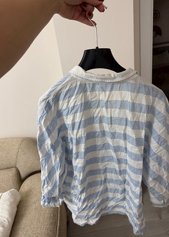 Mavi Çizgili Kısa Kollu Keten Gömlek - Görsel 2