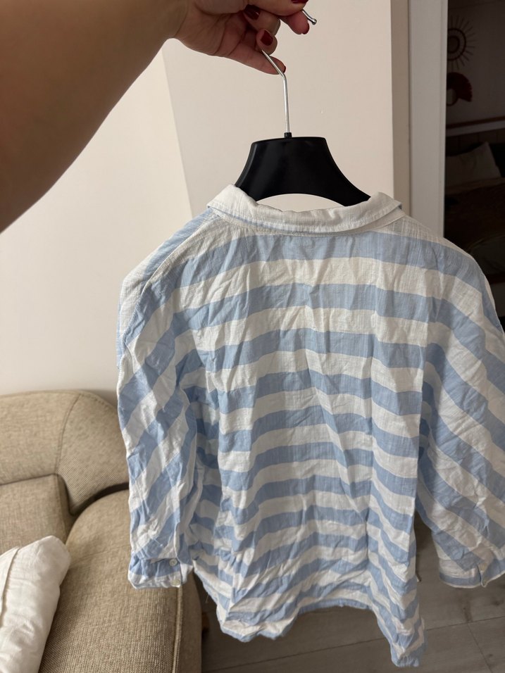 Mavi Çizgili Kısa Kollu Keten Gömlek - Görsel 2