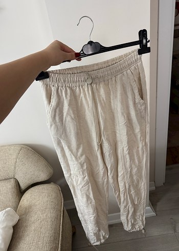 Beyaz Kadın Keten Rahat Kesim Pantolon - Görsel 2