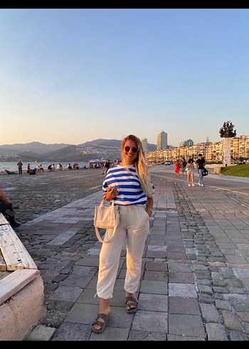 Beyaz Kadın Keten Rahat Kesim Pantolon - Görsel 5