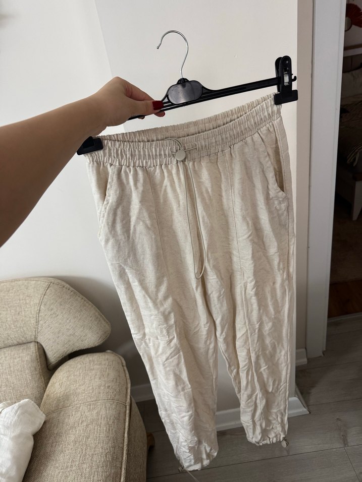 Beyaz Kadın Keten Rahat Kesim Pantolon - Görsel 2