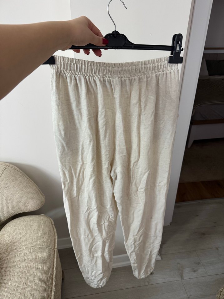 Beyaz Kadın Keten Rahat Kesim Pantolon - Görsel 3