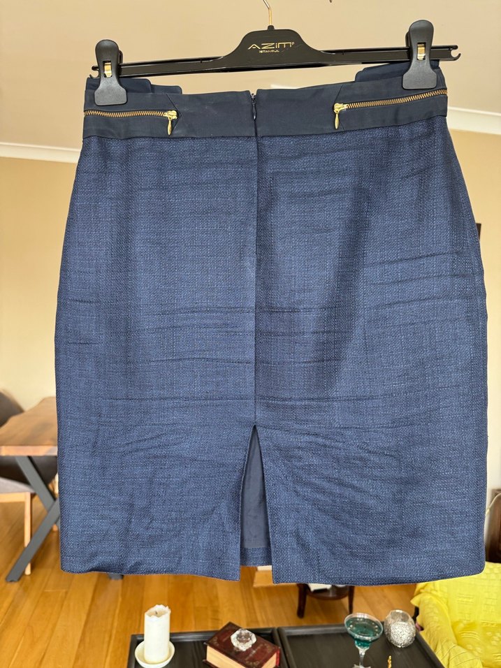 Parlak Lacivert keten kumaş  Kalem Etek - Görsel 3