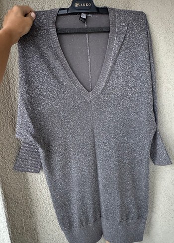 Gri V Yaka Kadın Triko elbise - Görsel 2