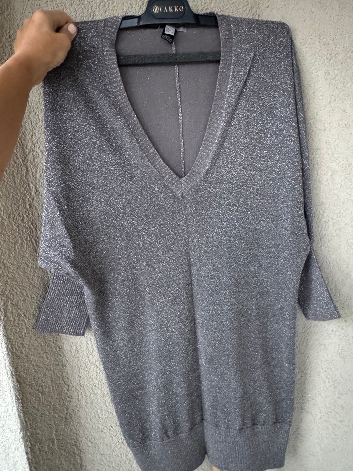 Gri V Yaka Kadın Triko elbise - Görsel 2