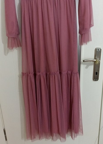 Pembe Uzun Kollu Fırfırlı Bohem Elbise, tül detaylı - Görsel 4