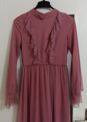 Pembe Uzun Kollu Fırfırlı Bohem Elbise, tül detaylı - Görsel 3