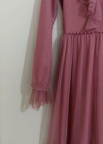 Pembe Uzun Kollu Fırfırlı Bohem Elbise, tül detaylı - Görsel 7