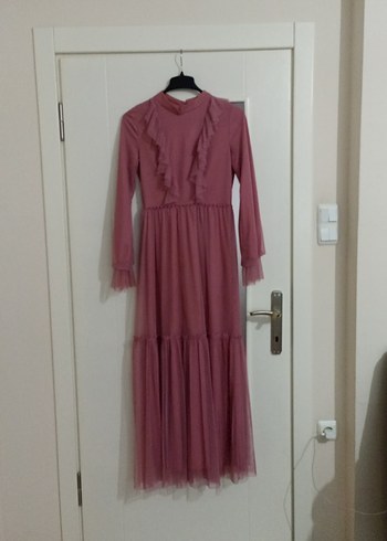 Pembe Uzun Kollu Fırfırlı Bohem Elbise, tül detaylı - Görsel 2