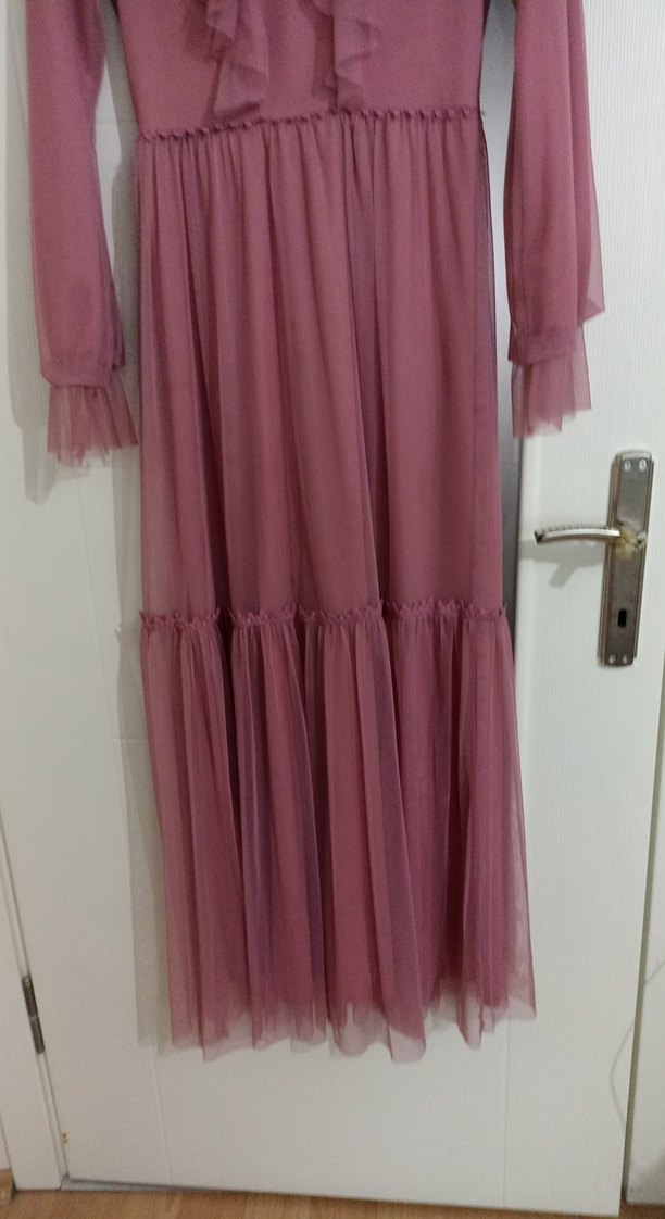 Pembe Uzun Kollu Fırfırlı Bohem Elbise, tül detaylı - Görsel 4