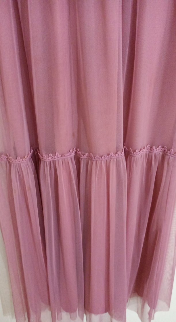 Pembe Uzun Kollu Fırfırlı Bohem Elbise, tül detaylı - Görsel 5