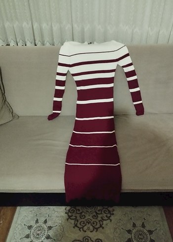 Diğer Bordo Beyaz Cizgili Uzun Elbise