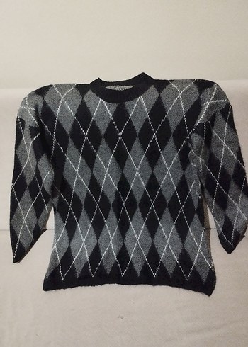Diğer Gri Siyah Argyle Desenli Rahat Triko Kazak