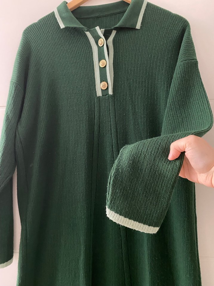 Düğmeli Yeşil Uzun triko  Kadın Elbise - Görsel 5