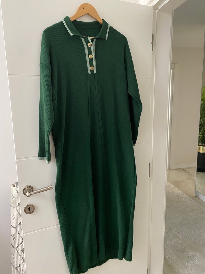 Düğmeli Yeşil Uzun triko  Kadın Elbise - Görsel 2