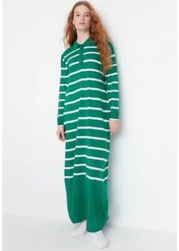Yeşil Çizgili Uzun Kollu Uzun Elbise - Görsel 2