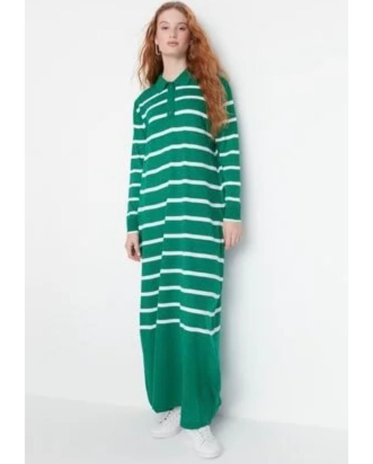 Yeşil Çizgili Uzun Kollu Uzun Elbise - Görsel 2