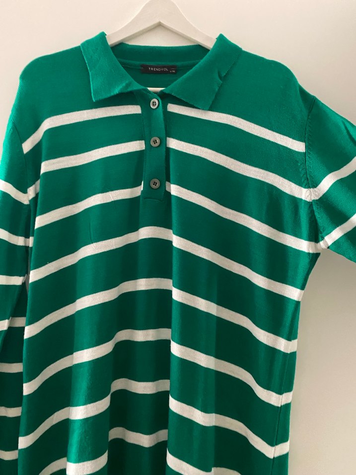 Yeşil Çizgili Uzun Kollu Uzun Elbise - Görsel 4