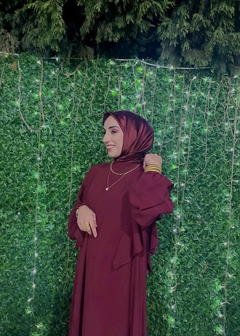 Bordo  Uzun Kollu Tesettür Elbise - Görsel 3