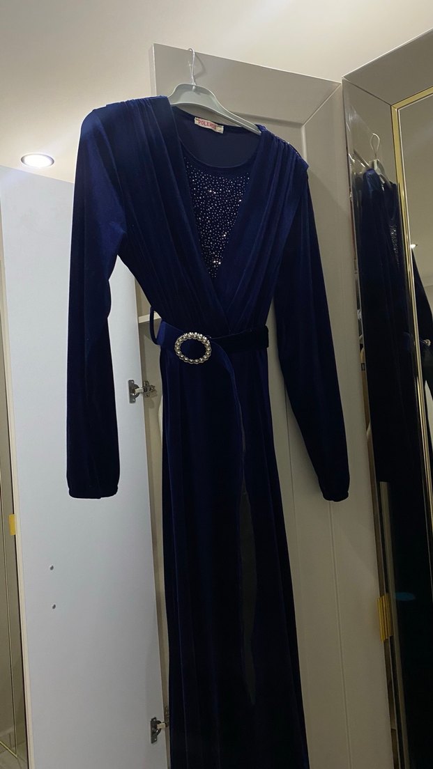 Uzun Kollu Koyu lacivert Elbise - Görsel 2