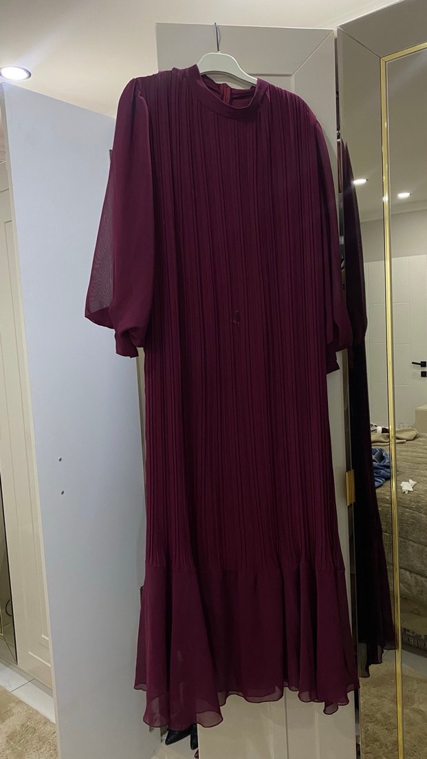 Bordo Piliseli Uzun Kadın Elbise - Görsel 3