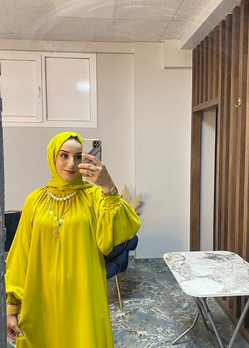 Yağ yeşili, Bol Kesim, Uzun Kollu Uzun Elbise - Görsel 4