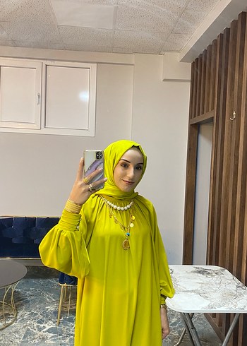 Yağ yeşili, Bol Kesim, Uzun Kollu Uzun Elbise - Görsel 3