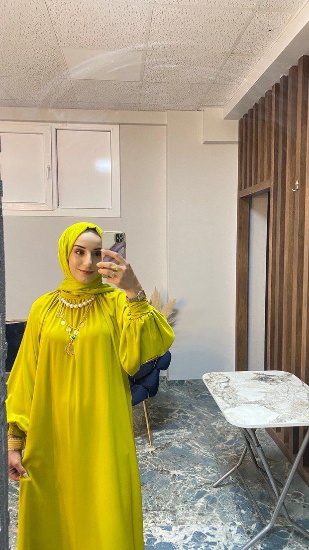 Yağ yeşili, Bol Kesim, Uzun Kollu Uzun Elbise - Görsel 4