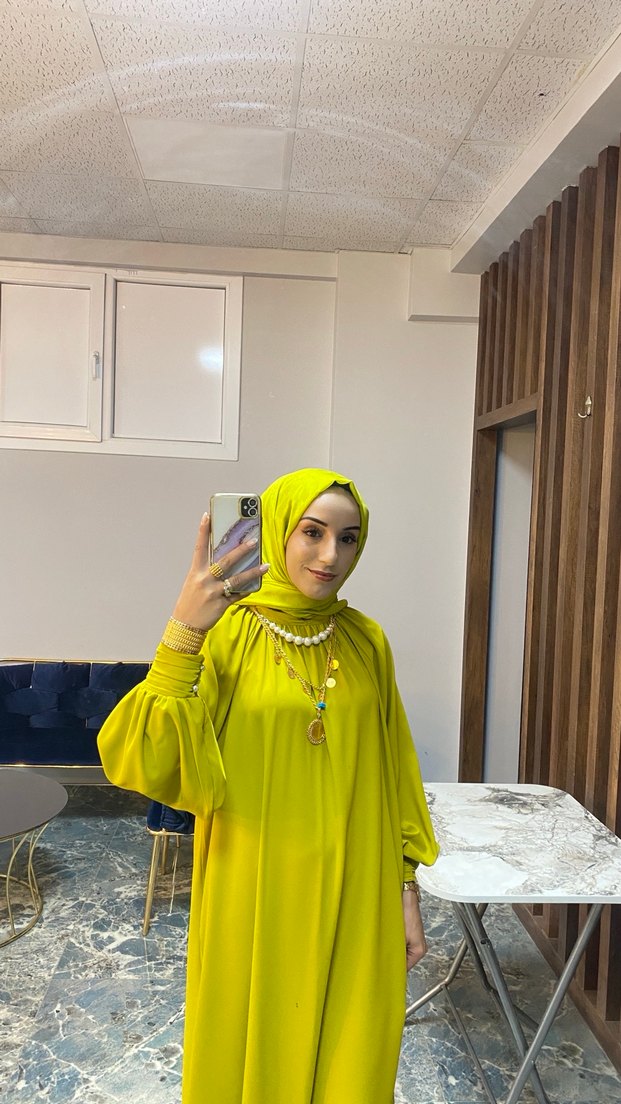 Yağ yeşili, Bol Kesim, Uzun Kollu Uzun Elbise - Görsel 3