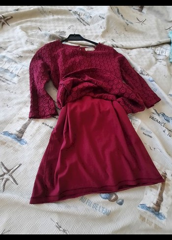 Bordo Dantel Detaylı Bohem Örgü Elbise - Görsel 4