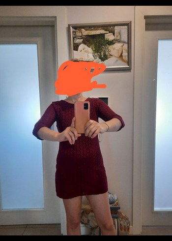 Bordo Dantel Detaylı Bohem Örgü Elbise - Görsel 5