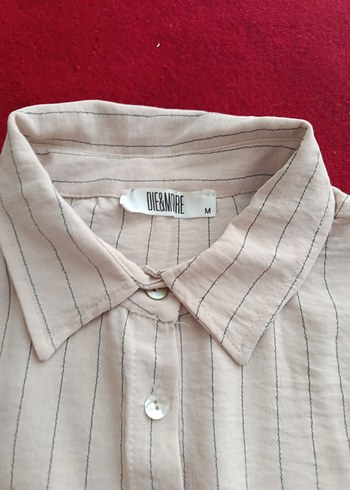 Düğmeli krem çizgili Keten Kadın Gömlek - Görsel 2