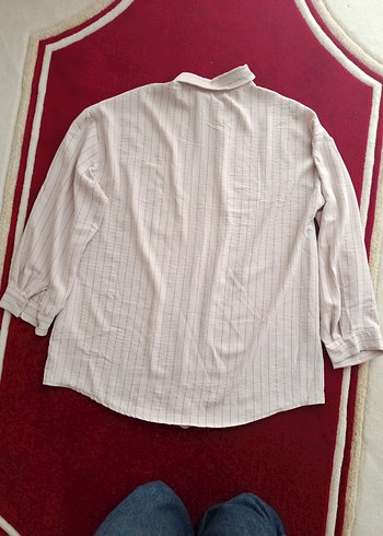 Düğmeli krem çizgili Keten Kadın Gömlek - Görsel 7