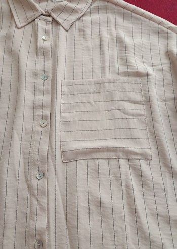 Düğmeli krem çizgili Keten Kadın Gömlek - Görsel 3