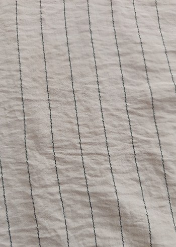 Düğmeli krem çizgili Keten Kadın Gömlek - Görsel 5