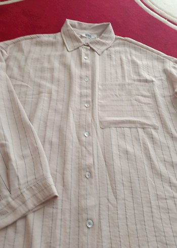 Düğmeli krem çizgili Keten Kadın Gömlek - Görsel 6