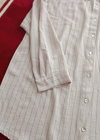Düğmeli krem çizgili Keten Kadın Gömlek - Görsel 4