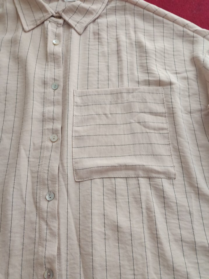 Düğmeli krem çizgili Keten Kadın Gömlek - Görsel 3